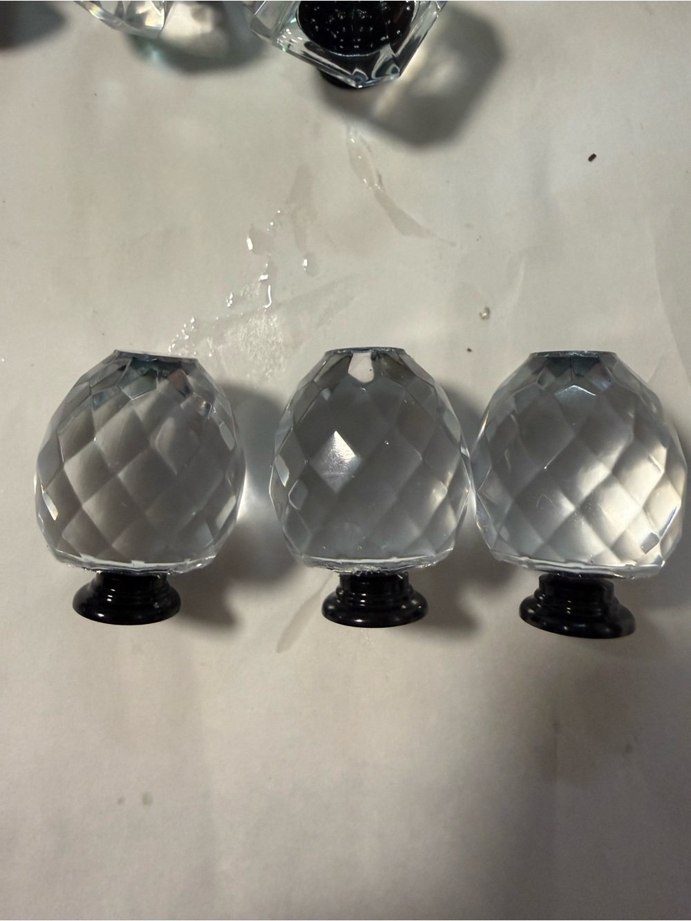 Faceted Clear Crystal Cabinet Knobs with Black Base - Set of 3